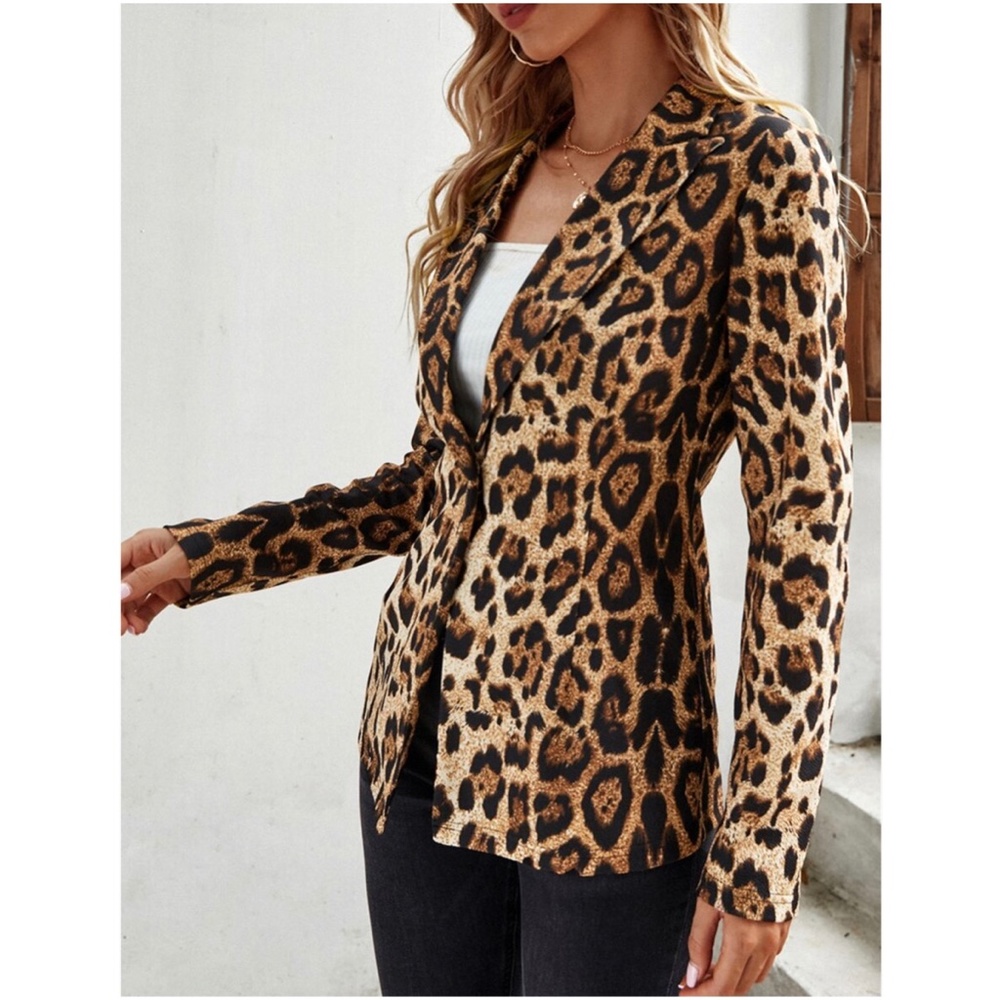 Camel Brown Leopard Print Button Up Blazer Work O… - image 4